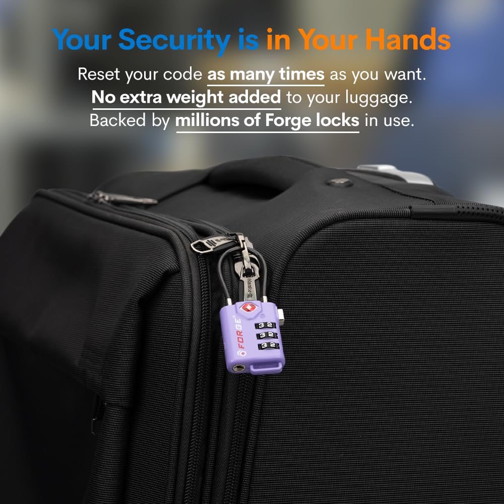 Forge TSA Approved Luggage Locks, Re - settable Combination with Alloy Body, Light Purple 2 PK, for Luggage, Suitcase, Backpack and More.