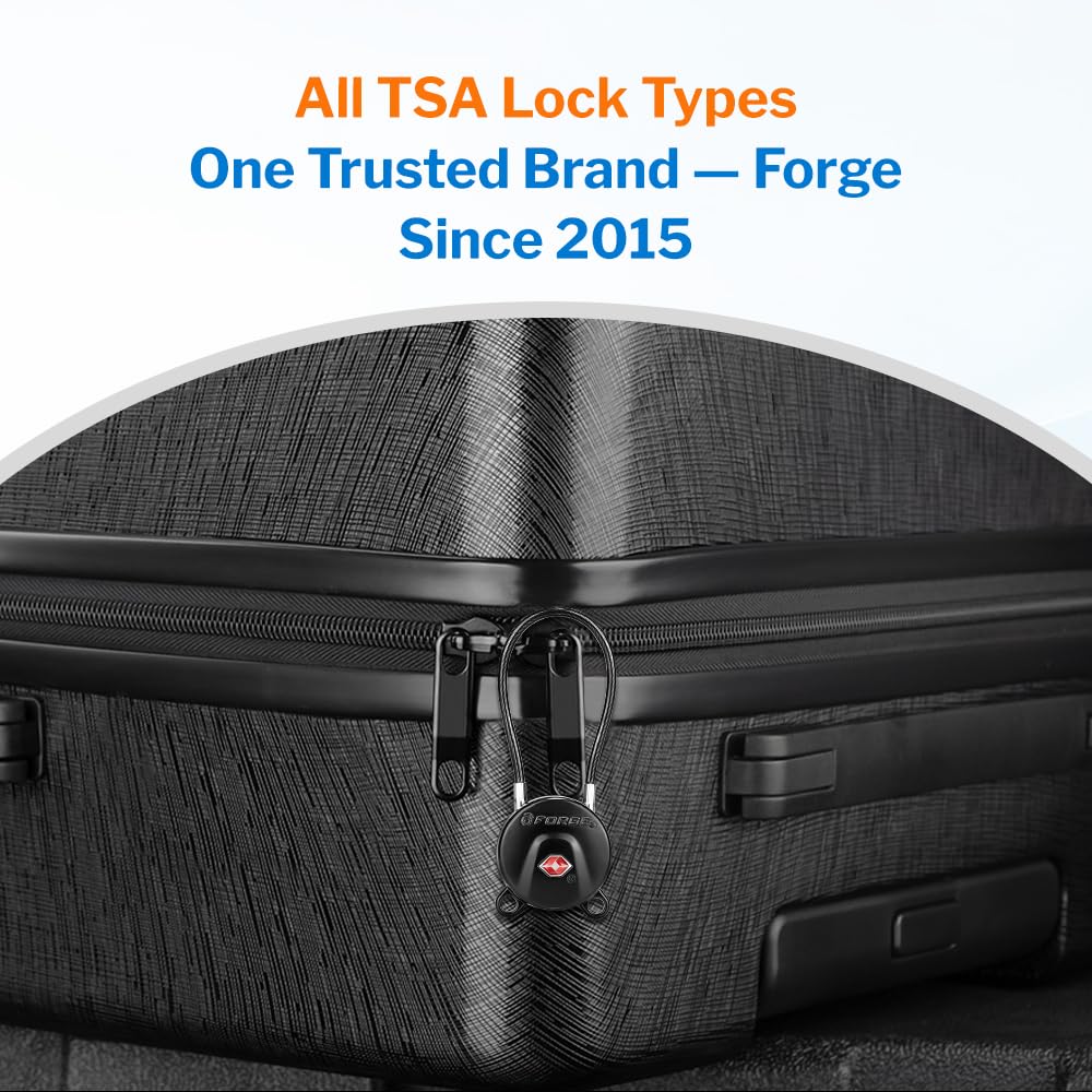 Forge TSA Approved Luggage Locks Ultra - Secure Dimple TSA006 Key Travel Locks with Zinc Alloy Body - Black 2 Cable Locks