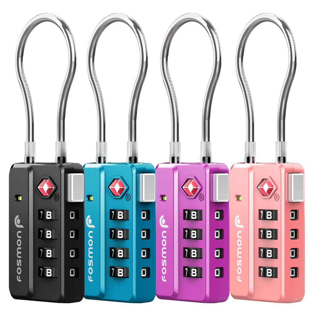 Fosmon Luggage Locks TSA Approved for Luggage & Suitcase, 4 Digit Mini Cable Locks Long Wire Padlock with 4 Combinations and Easy Reset Switch for Travel, Gym Locker, Gun Case, Backpack Zipper- 4 Pack