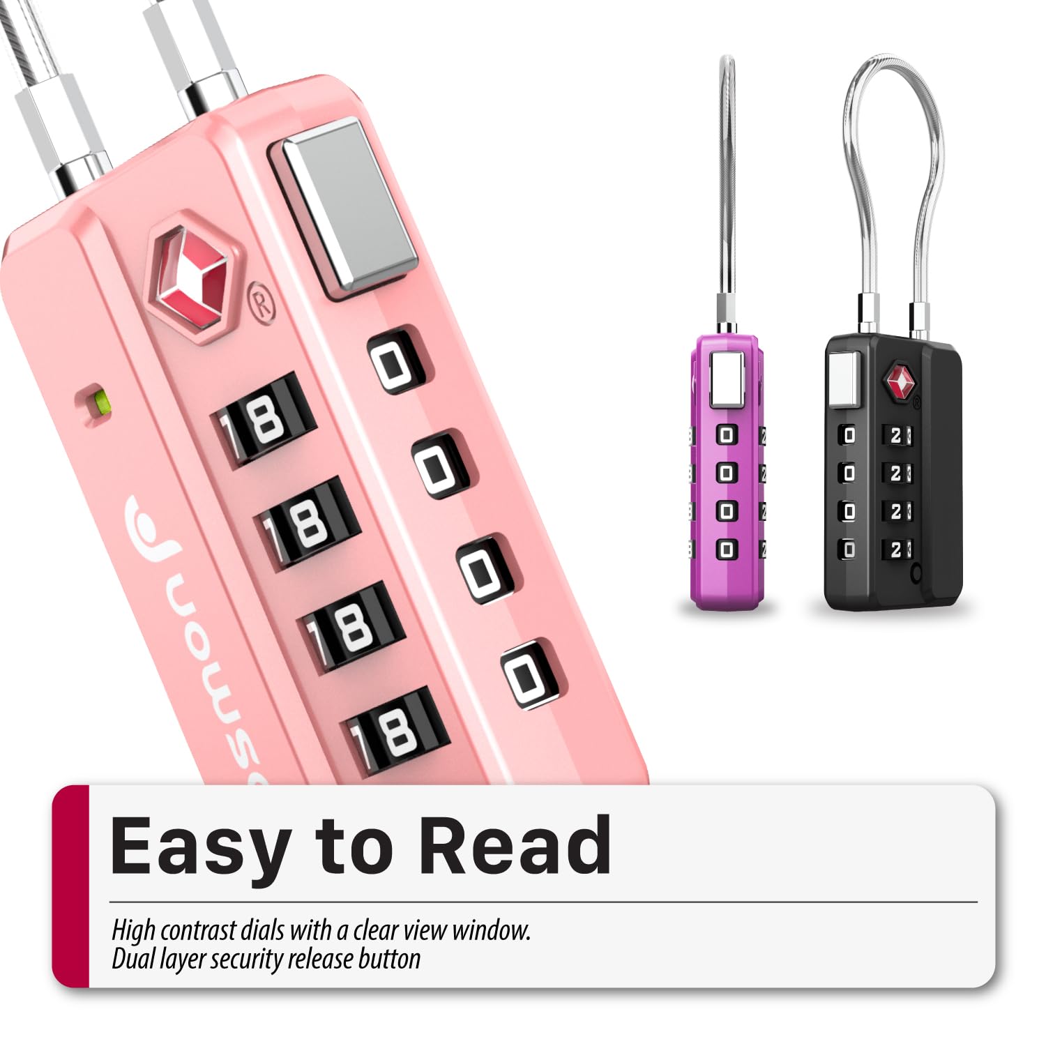 Fosmon Luggage Locks TSA Approved for Luggage & Suitcase, 4 Digit Mini Cable Locks Long Wire Padlock with 4 Combinations and Easy Reset Switch for Travel, Gym Locker, Gun Case, Backpack Zipper - 4 Pack