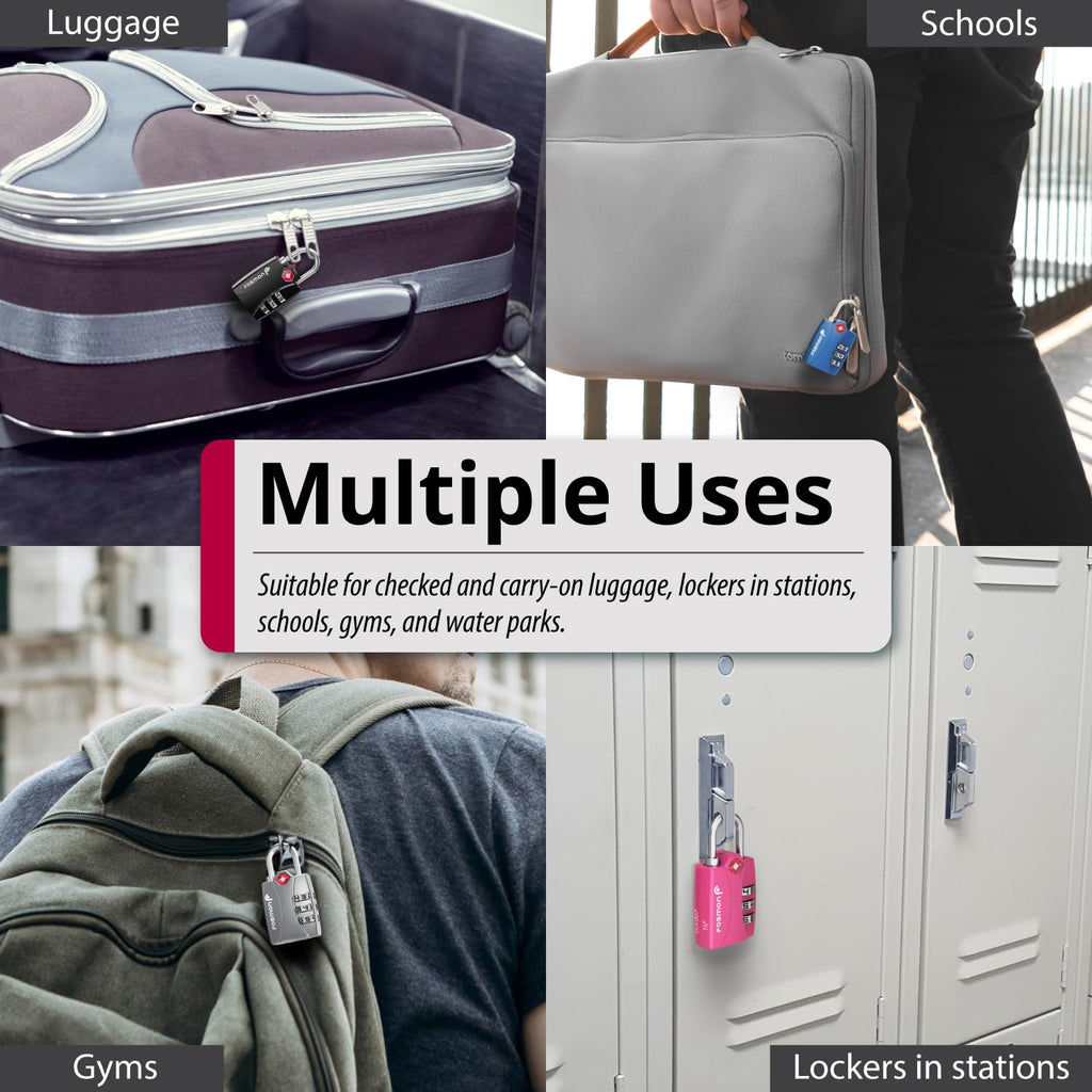 Fosmon TSA Approved Locks for Luggage. Suitcase Locks with Open Alert Indicator, 3 Digit Combination Padlock with Alloy Body for Travel, Backpack Zipper Anti Theft, Locker, Gym, Gun Case, Tent - 4 Pack