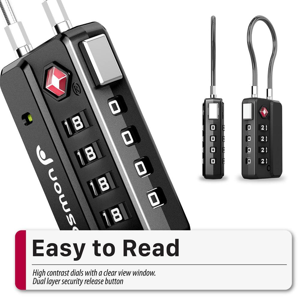 Fosmon TSA Approved Luggage Locks, 4 Digit Combination Cable Travel Lock for Suitcase & Backpack, Heavy Duty Metal Body Padlock with Open Alert Indicator (Black, 2 Pack)
