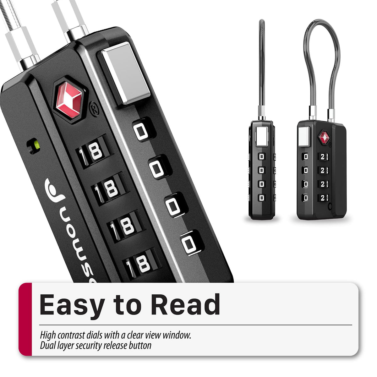 Fosmon TSA Approved Luggage Locks, 4 Digit Combination Cable Travel Lock for Suitcase & Backpack, Heavy Duty Metal Body Padlock with Open Alert Indicator (Black, 2 Pack)