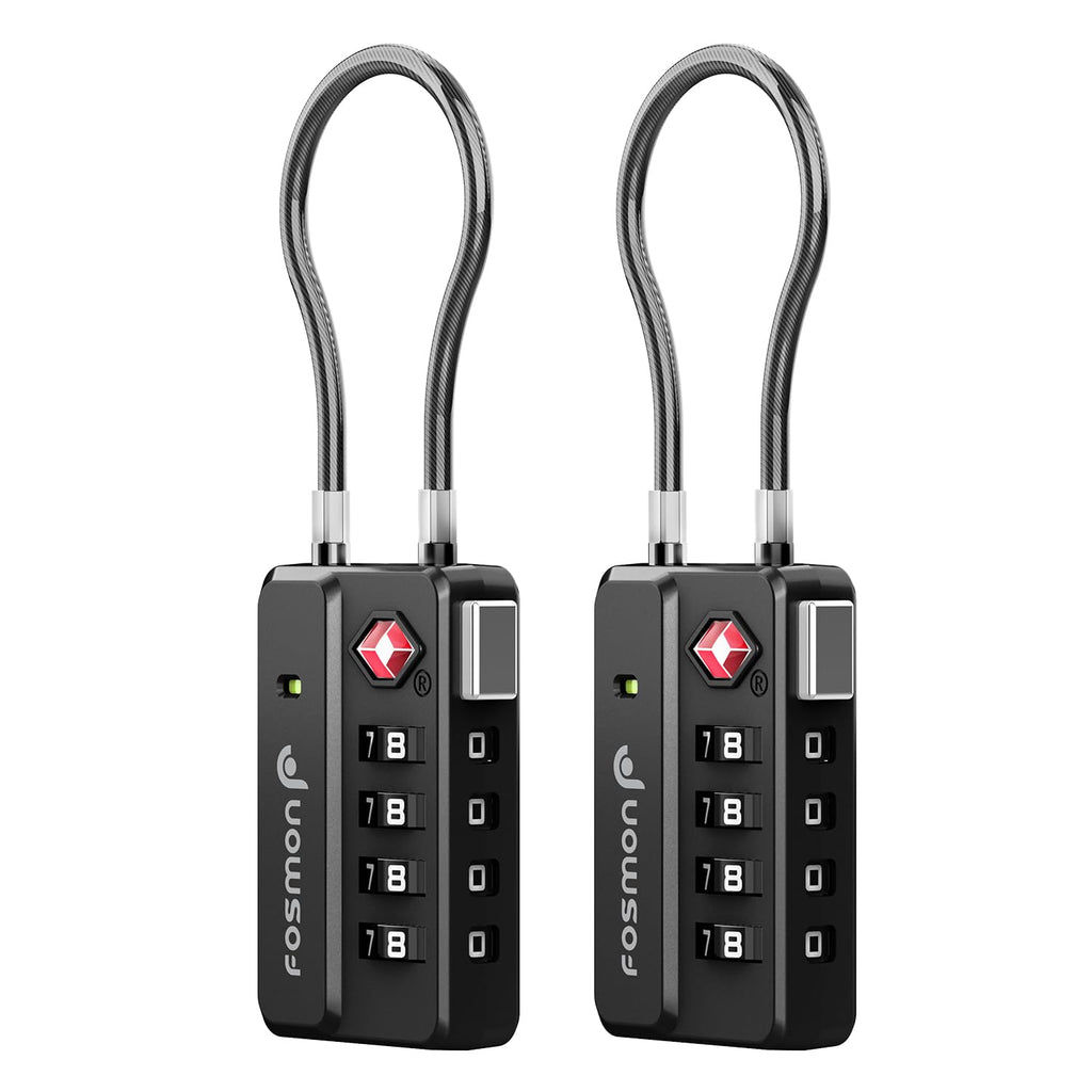 Fosmon TSA Approved Luggage Locks, 4 Digit Combination Cable Travel Lock for Suitcase & Backpack, Heavy Duty Metal Body Padlock with Open Alert Indicator (Black, 2 Pack)