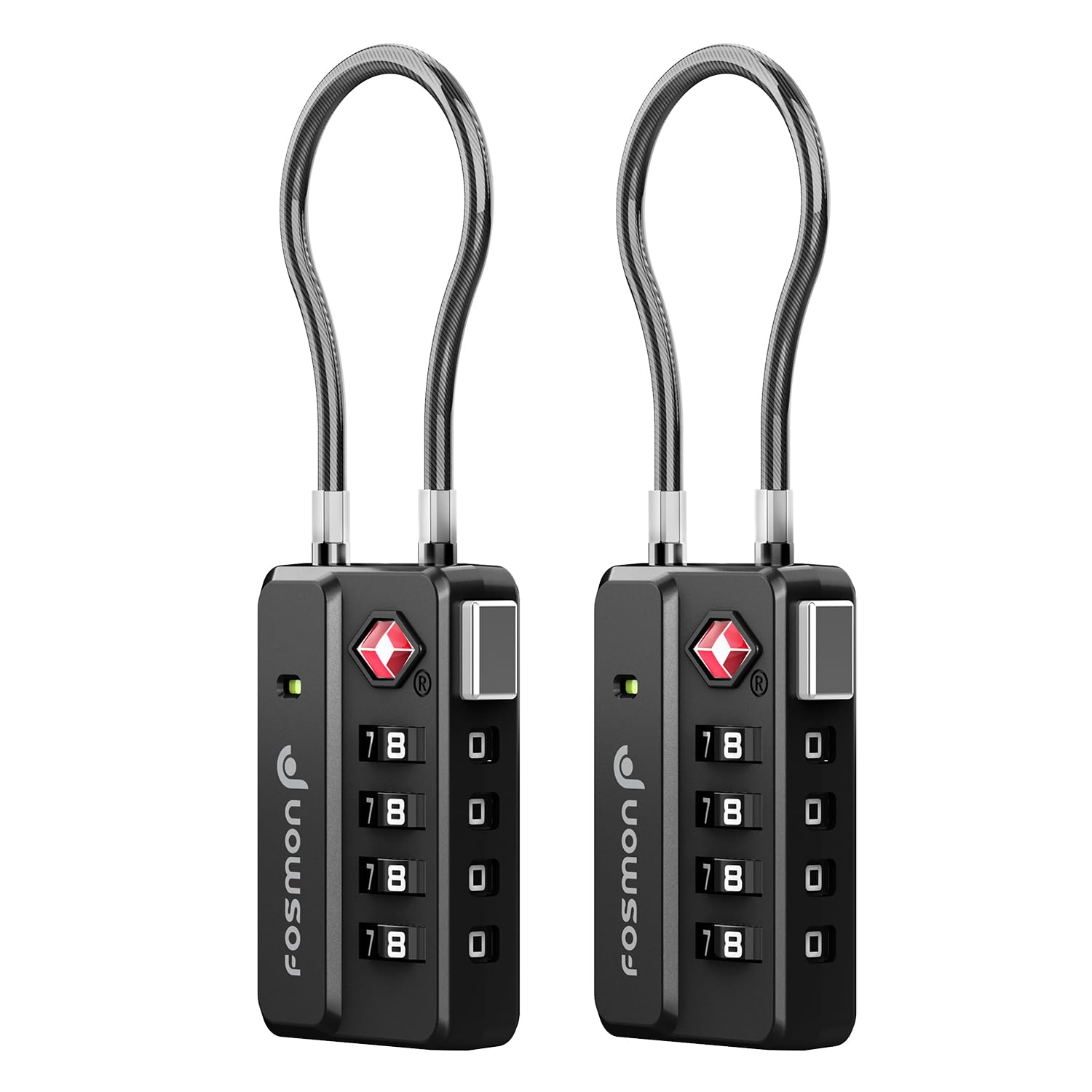 Fosmon TSA Approved Luggage Locks, 4 Digit Combination Cable Travel Lock for Suitcase & Backpack, Heavy Duty Metal Body Padlock with Open Alert Indicator (Black, 2 Pack)