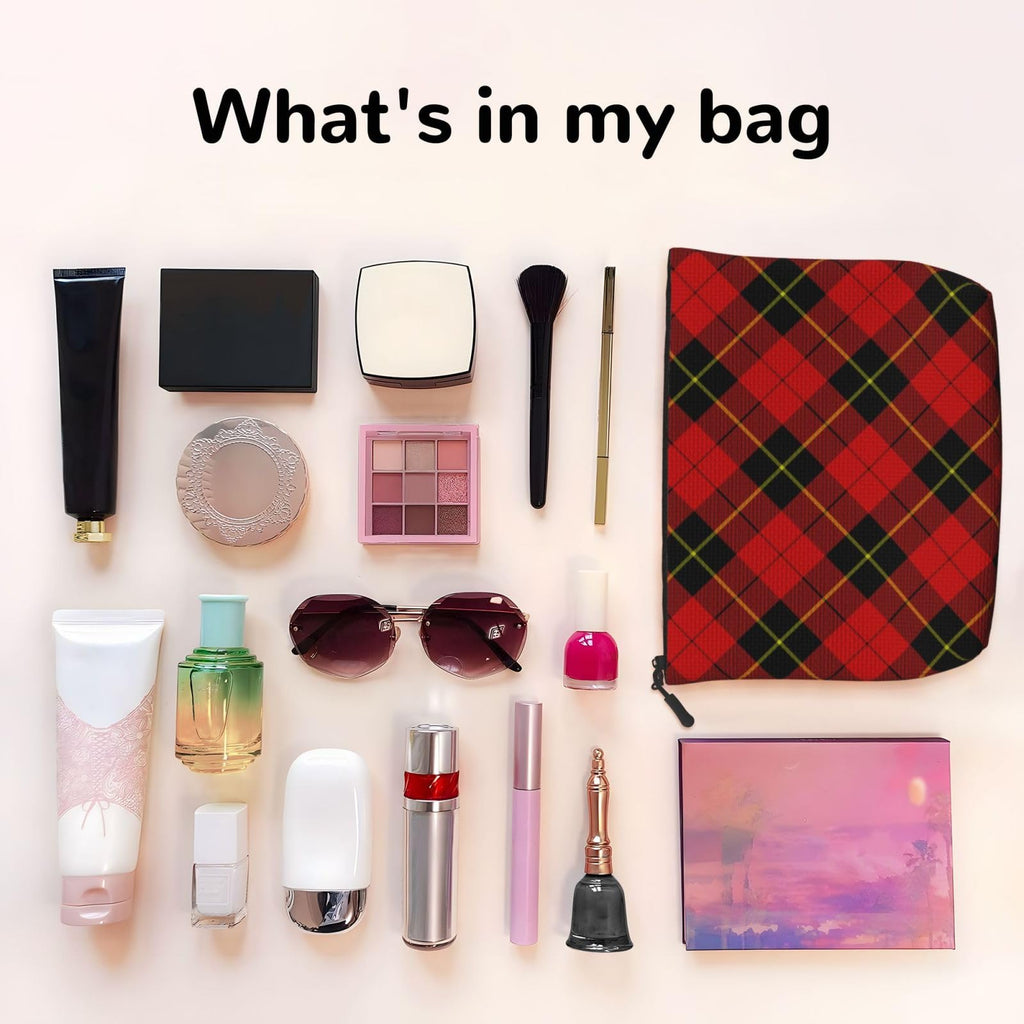 FSQDJLU Red Black Plaid Speck Makeup Bag Travel Toiletry Organizer Cute Cosmetic Pouch for Women Girl
