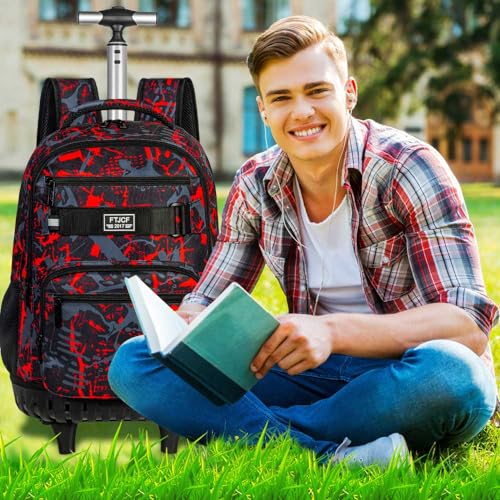 FTJCF 3Pcs Rolling Backpack for Boys, 19 Inche Adults Roller Bag with Wheels, Graffiti Wheeled Bookbag Set for Men(Red)