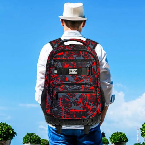 FTJCF 3Pcs Rolling Backpack for Boys, 19 Inche Adults Roller Bag with Wheels, Graffiti Wheeled Bookbag Set for Men(Red)