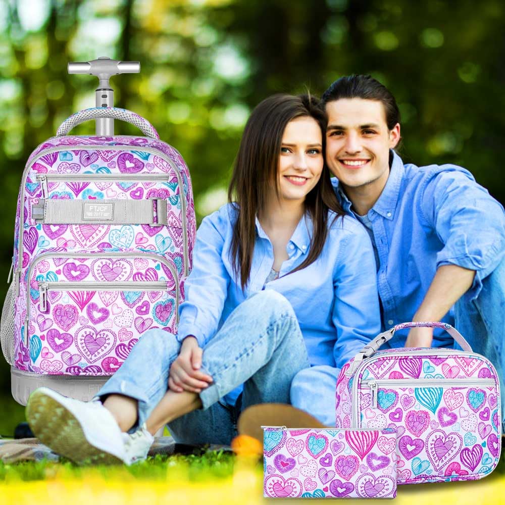 FTJCF 3pcs Rolling Backpack for Girls, 19 Inche Adult Bag with Roller Wheels, Wheeled Bookbag Set for Women - PinkGrey