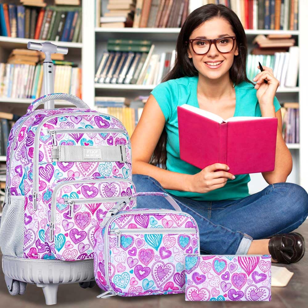 FTJCF 3pcs Rolling Backpack for Girls, 19 Inche Adult Bag with Roller Wheels, Wheeled Bookbag Set for Women - PinkGrey