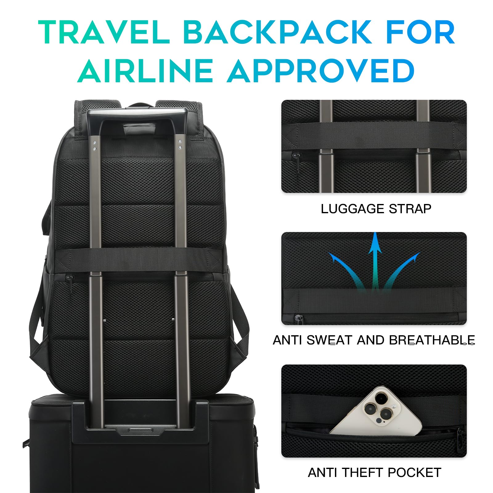 FUTURE AESTHETICS Smart Waterproof Travel Backpack Business Flight Approved Carry on Backpack for Men Women ，Large Capacity Laptop Backpack，Water Resistant Computer Backpack Fits 16 Inch Laptop（Black）