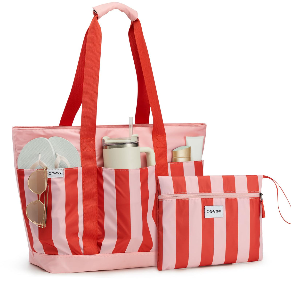 G4Free Beach Bag,Waterproof Beach Tote Pool Bags for Women,Large Capacity Foldablefor Weekender Travel- Red stripe