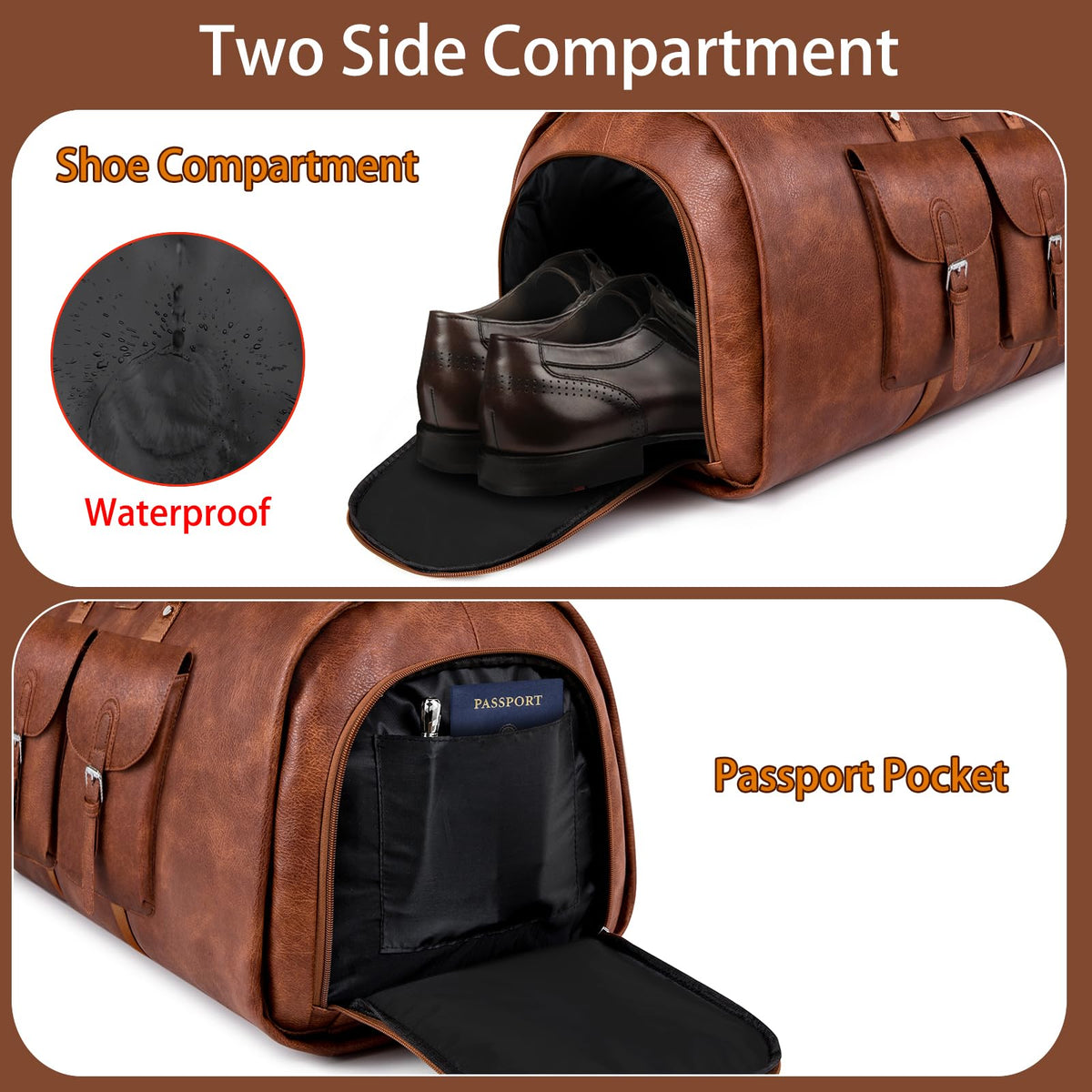 Garment Bag for Travel, Convertible Carry on Garment Duffel Bag for Men 3Pcs, Faux Leather Waterproof Large Weekender Bag for Men 2 in 1 Hanging Suitcase Suit Dress Business Travel Bag