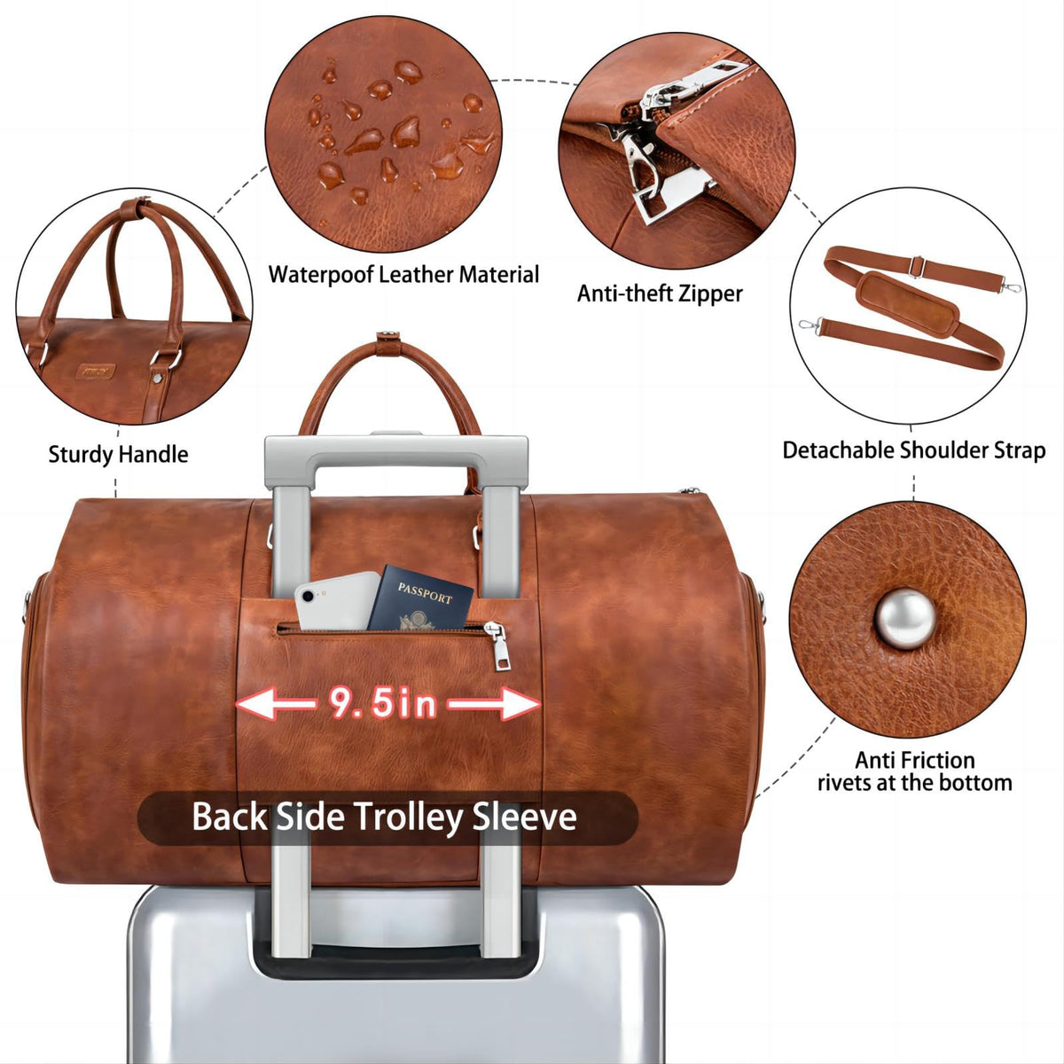 Garment Bag for Travel, Convertible Carry on Garment Duffel Bag for Men 3Pcs, Faux Leather Waterproof Large Weekender Bag for Men 2 in 1 Hanging Suitcase Suit Dress Business Travel Bag