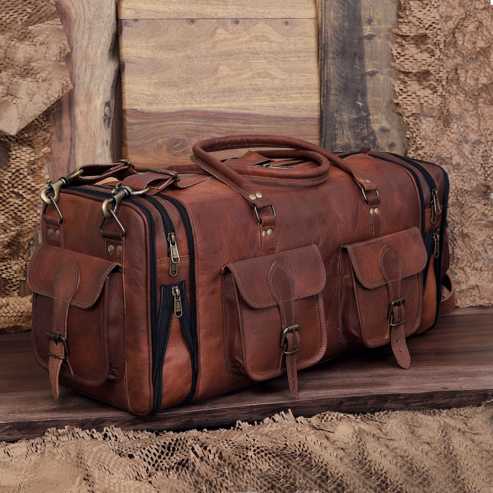 Genuine Leather Duffle Bag 24 Inch Handmade Vintage Travel Case Luggage Bags for Men, Overnight Carry On Duffel Bag Medium Weekender Gym Bag for Men and Women