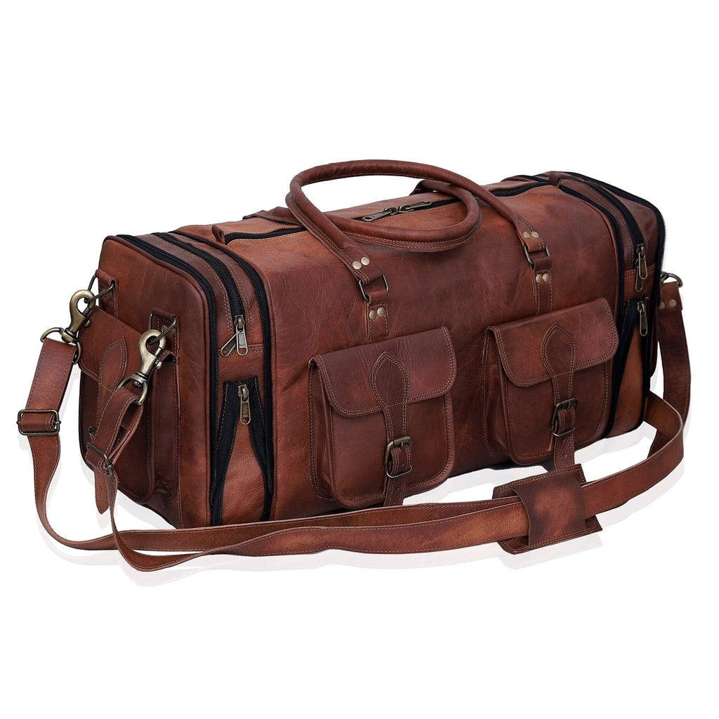 Genuine Leather Duffle Bag 24 Inch Handmade Vintage Travel Case Luggage Bags for Men, Overnight Carry On Duffel Bag Medium Weekender Gym Bag for Men and Women