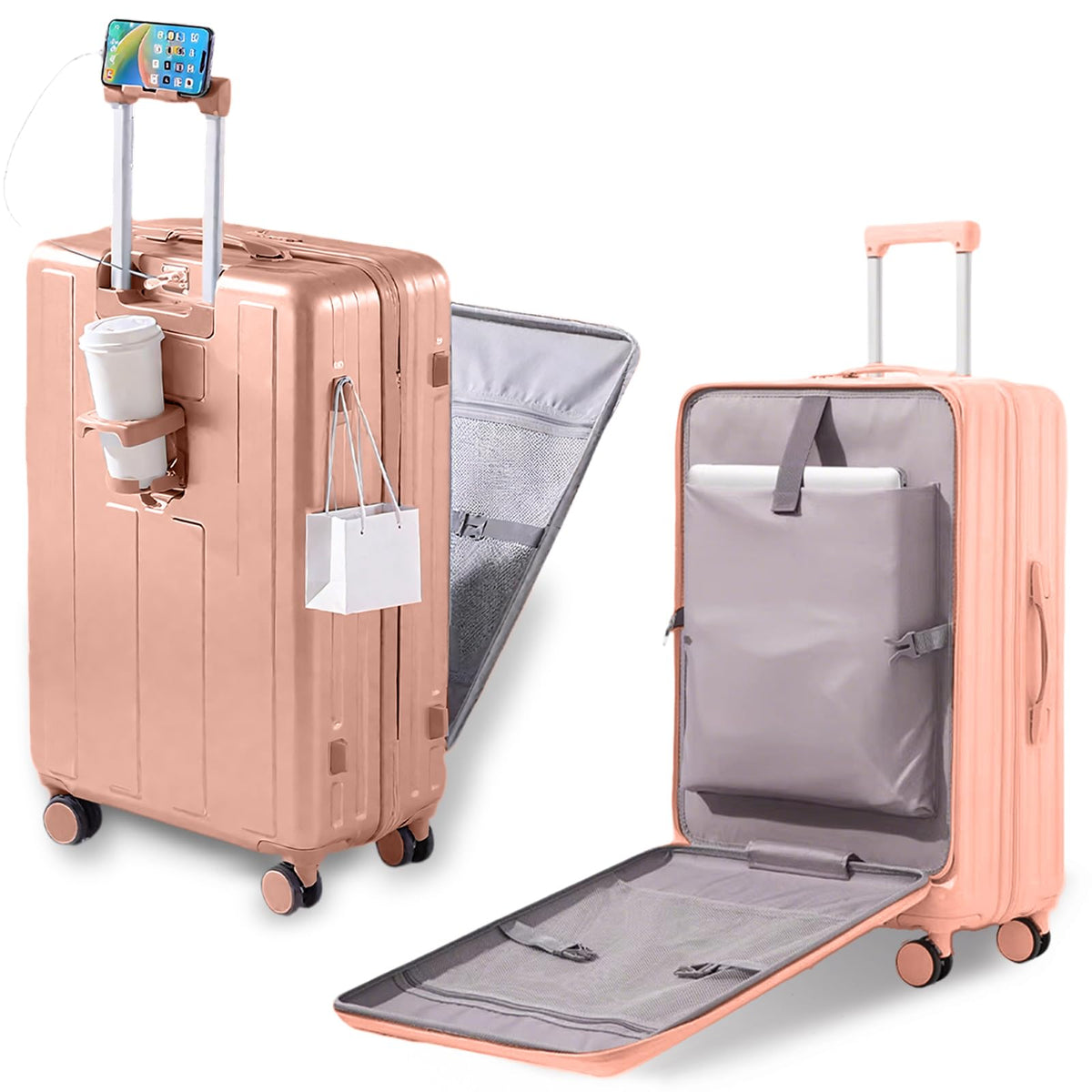 Gets Carry on Luggage Airline Approved,20 Inch Abs+Pc Hardshell Spinner Luggage With Cup Phone Holder and USB Charger,Front Pocket Durable Suitcase for Women Men-Pink