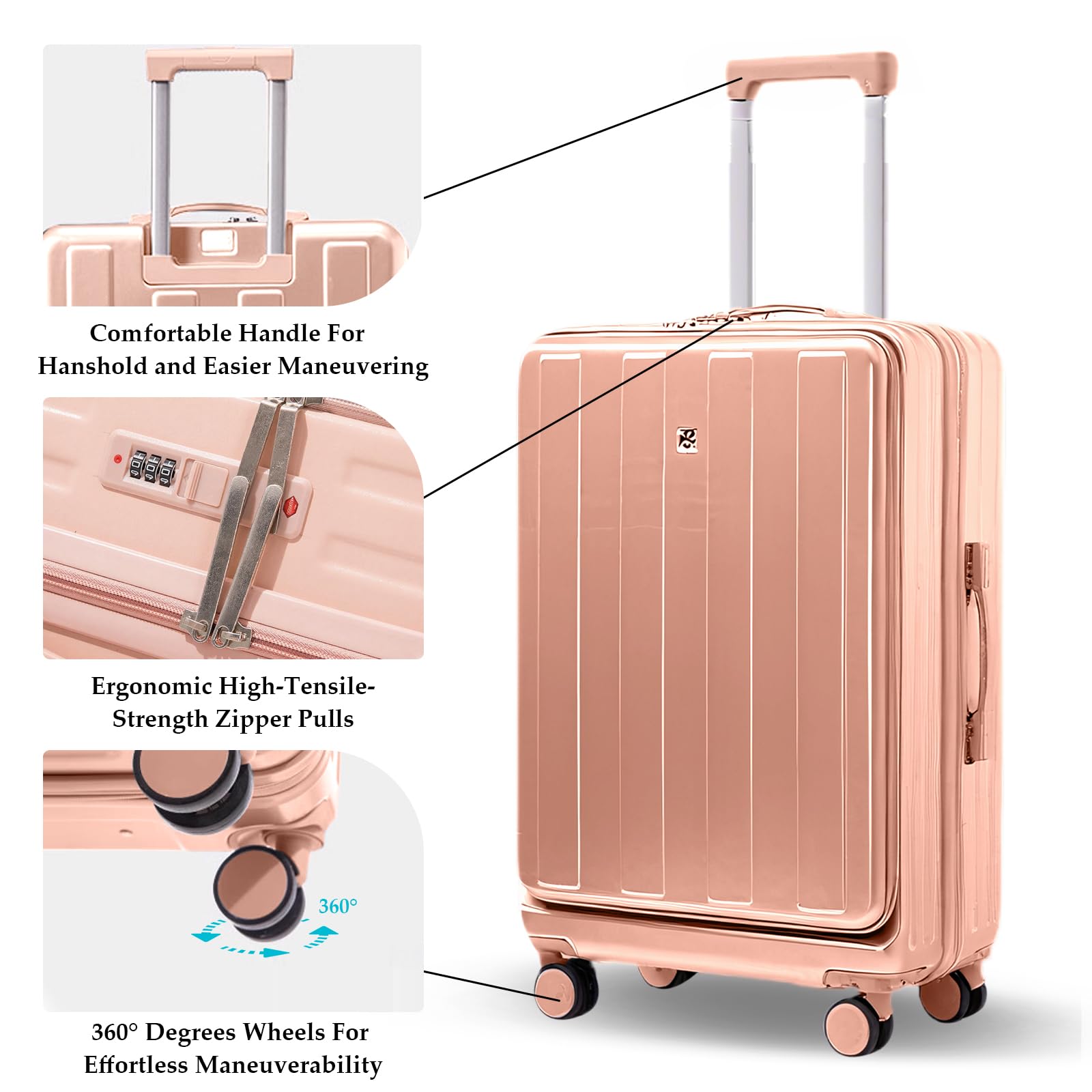 Gets Carry on Luggage Airline Approved,20 Inch Abs+Pc Hardshell Spinner Luggage With Cup Phone Holder and USB Charger,Front Pocket Durable Suitcase for Women Men - Pink