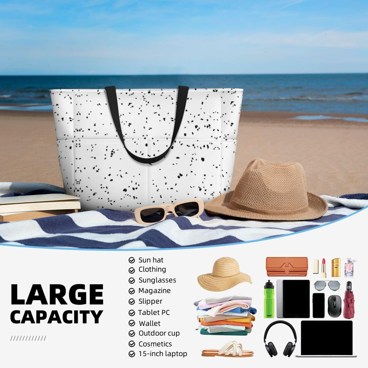 Ghjkfbf Black White Speck Print Large Capacity Beach Travel Bag For Family, Beach Tote Bag For Women With Zipper Pockets