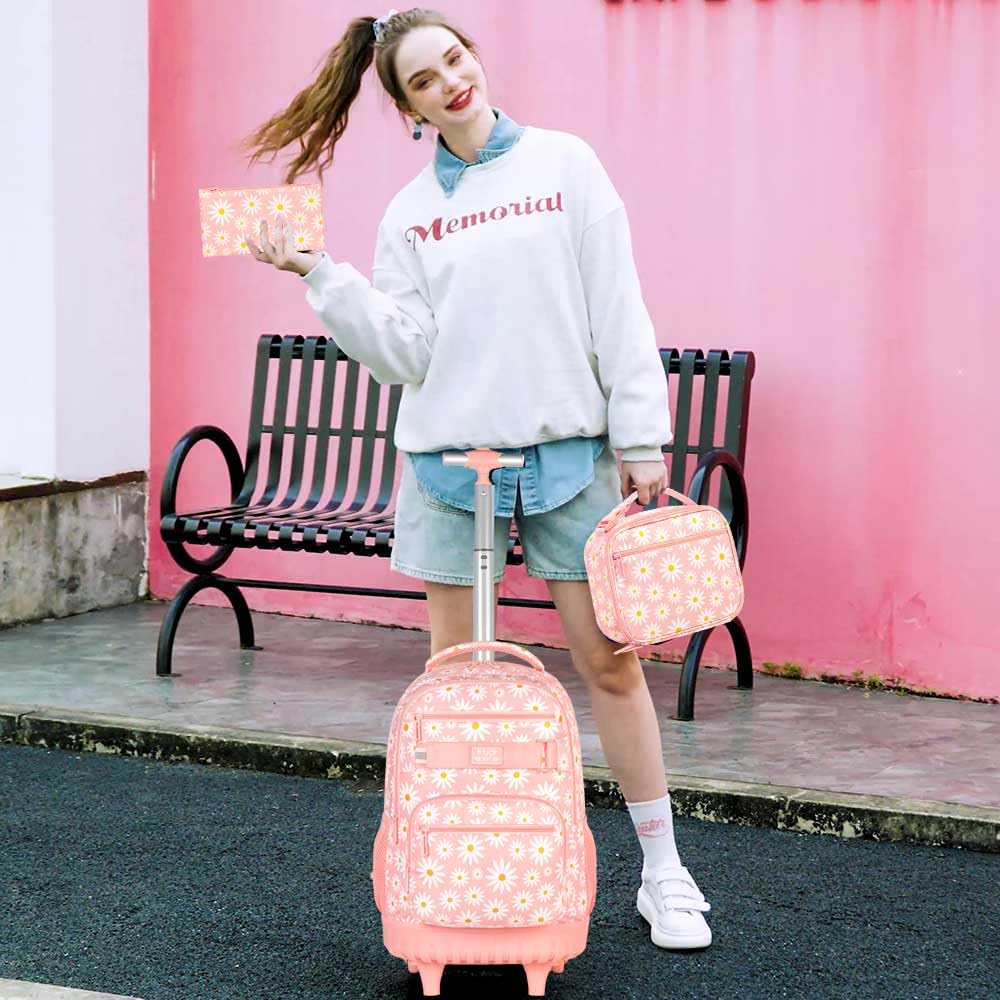 Girls Rolling Backpack, Women Roller Bookbag with Lunch Box for Adults, Water Resistant Wheeled School Bag for College Teens Kids Travel - Pink Flower