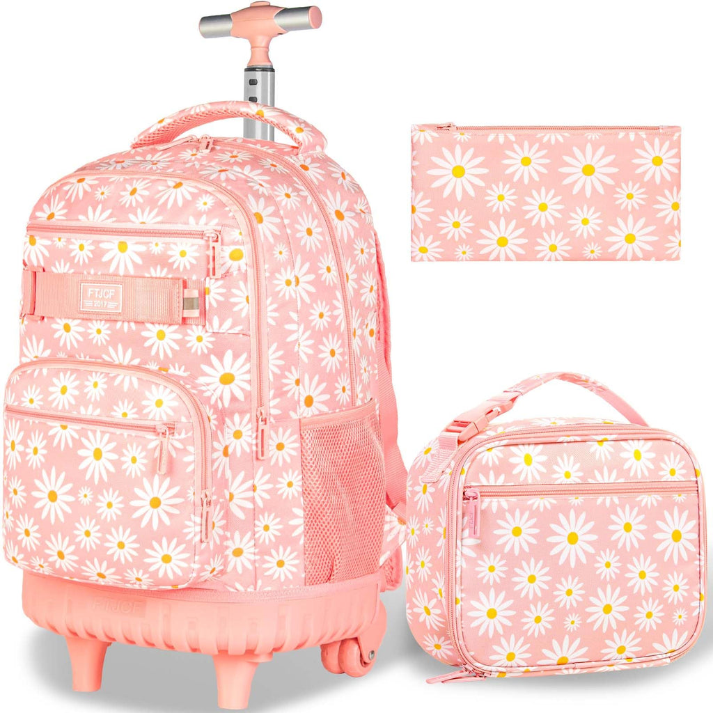 Girls Rolling Backpack, Women Roller Bookbag with Lunch Box for Adults, Water Resistant Wheeled School Bag for College Teens Kids Travel - Pink Flower