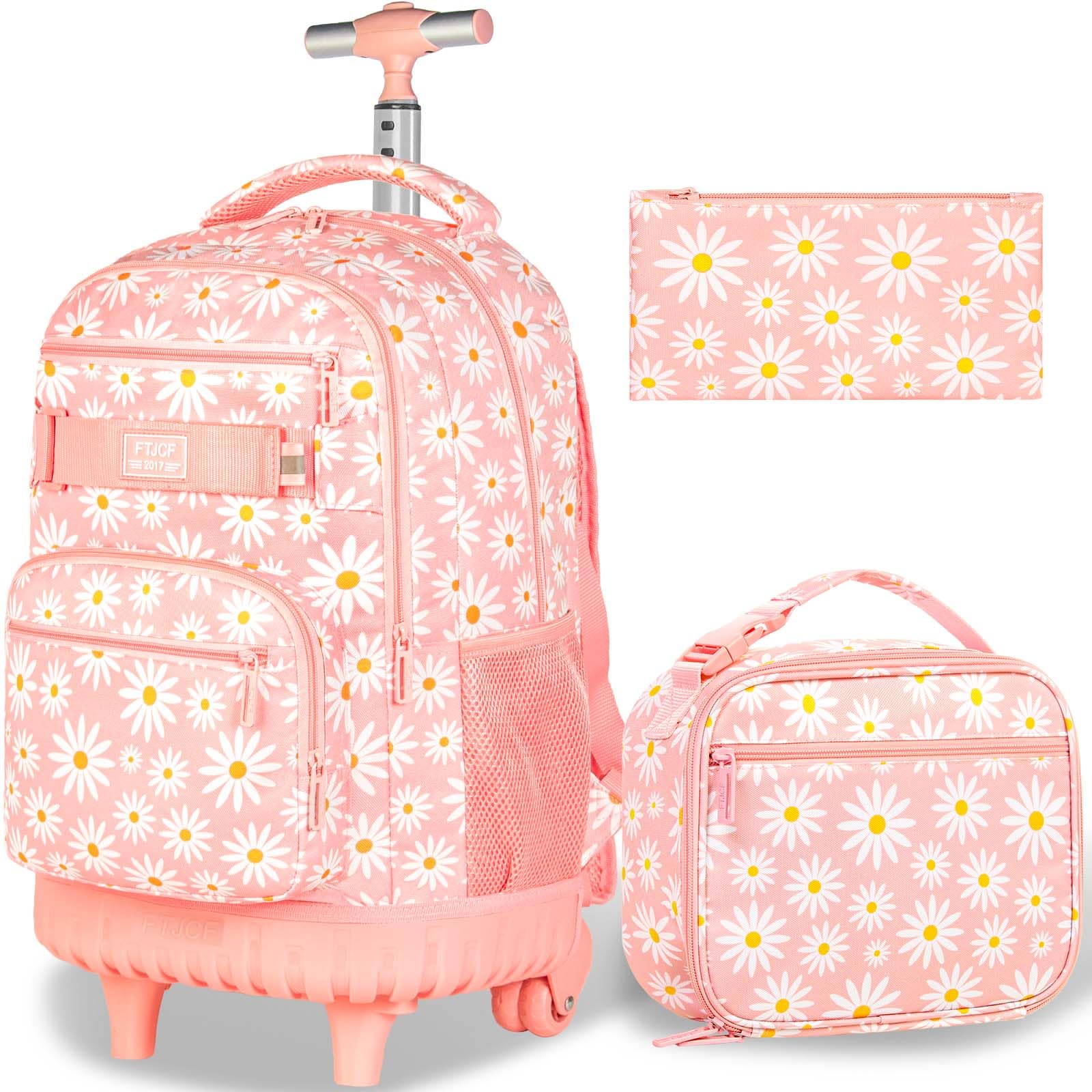 Girls Rolling Backpack, Women Roller Bookbag with Lunch Box for Adults, Water Resistant Wheeled School Bag for College Teens Kids Travel - Pink Flower