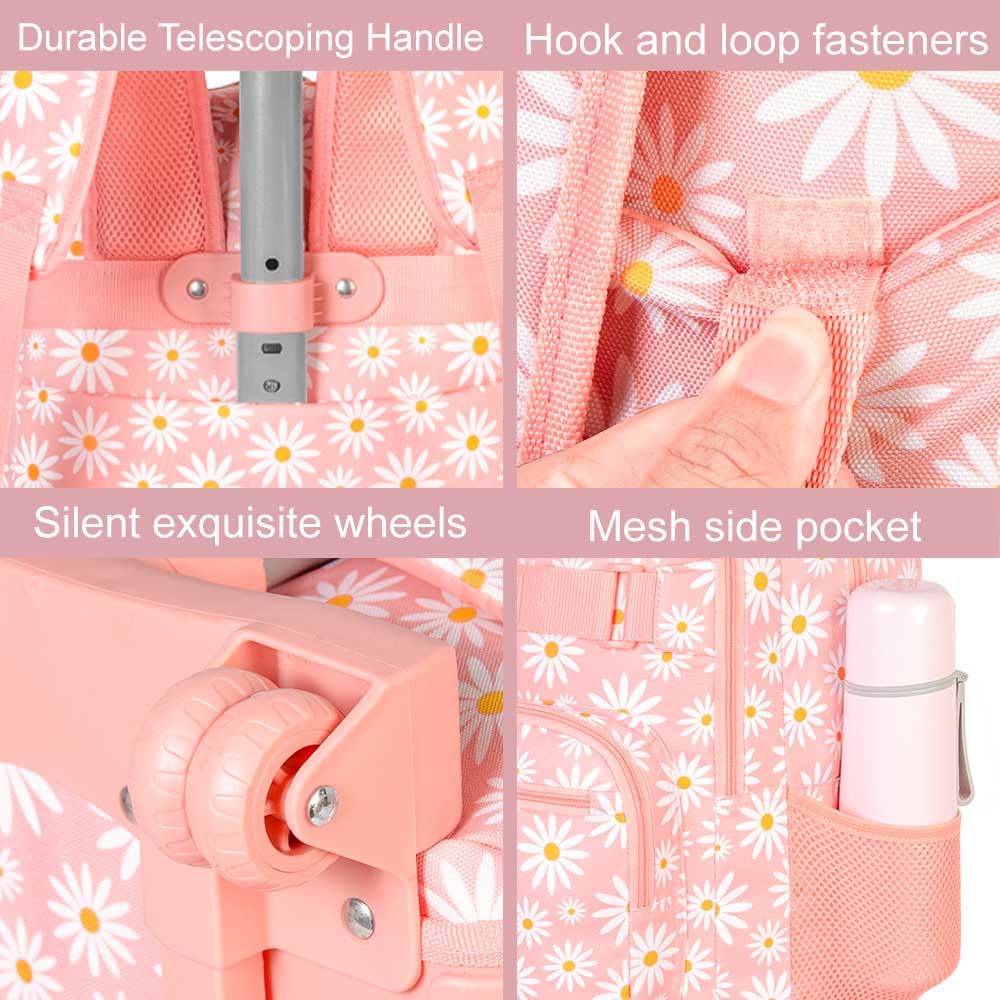 Girls Rolling Backpack, Women Roller Bookbag with Lunch Box for Adults, Water Resistant Wheeled School Bag for College Teens Kids Travel - Pink Flower