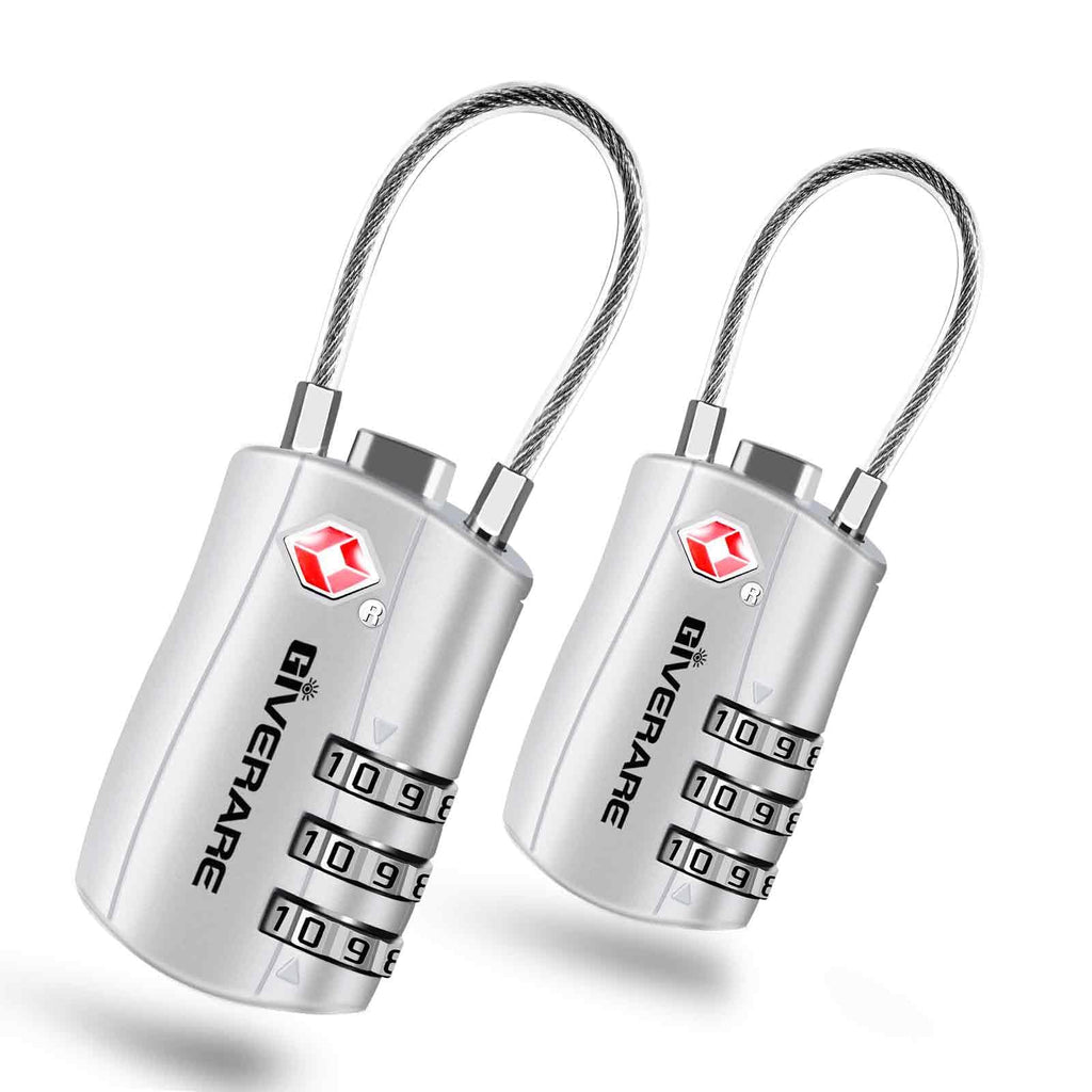 GIVERARE 2 Pack TSA Approved Luggage Locks, Combination Travel Cable Lock, Re-settable 3-Digit Padlocks with Alloy Body, Keyless TSA Padlock for Gym Locker, Golf Bag Case-Silver