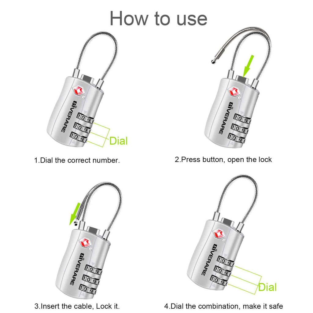 GIVERARE 2 Pack TSA Approved Luggage Locks, Combination Travel Cable Lock, Re - settable 3 - Digit Padlocks with Alloy Body, Keyless TSA Padlock for Gym Locker, Golf Bag Case - Silver
