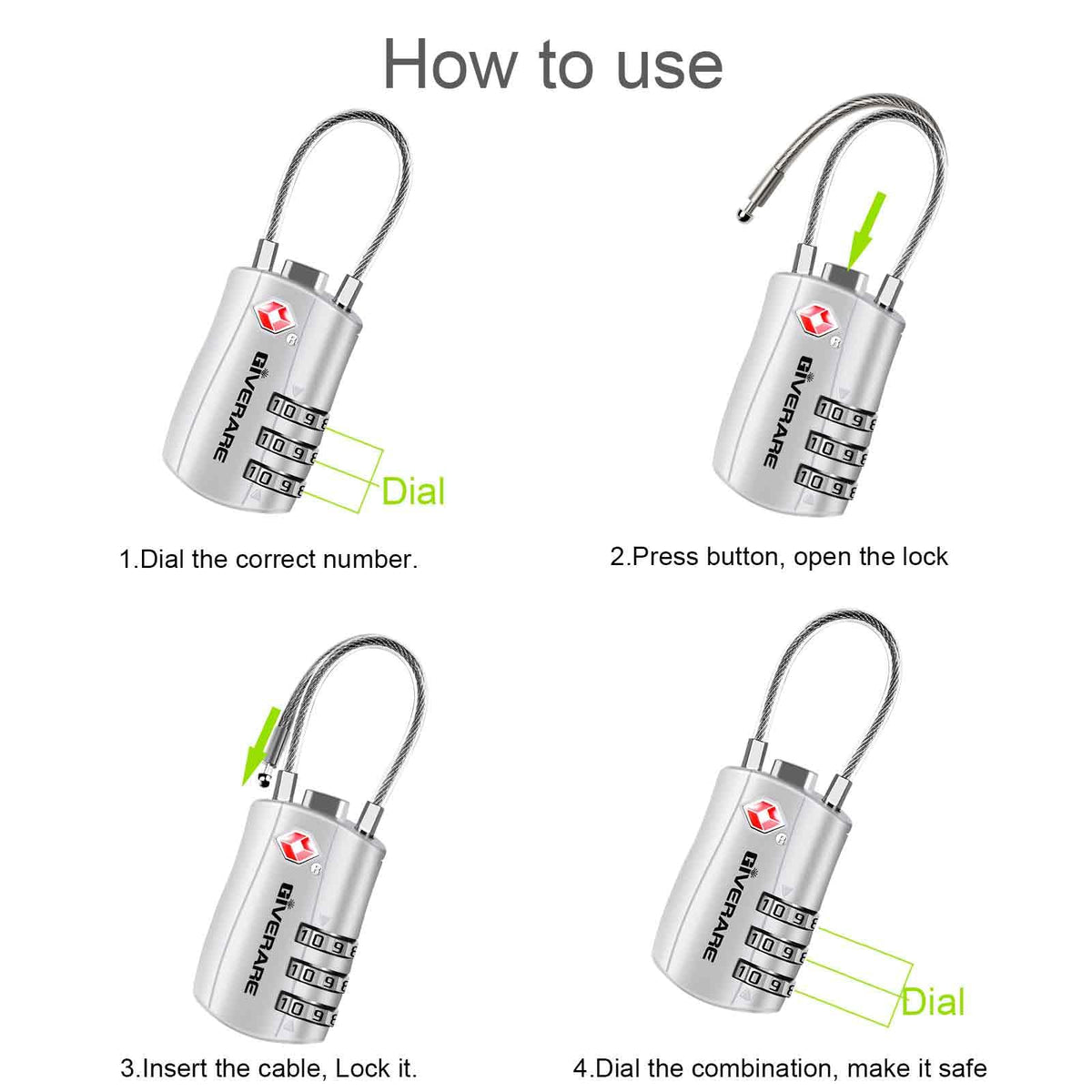 GIVERARE 2 Pack TSA Approved Luggage Locks, Combination Travel Cable Lock, Re - settable 3 - Digit Padlocks with Alloy Body, Keyless TSA Padlock for Gym Locker, Golf Bag Case - Silver
