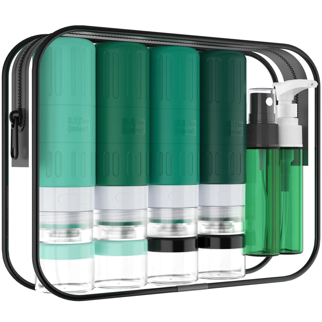 GLAMFIELDS Travel Bottles for Toiletries,TSA Approved 3.3oz Size LeakProof Silicone Toiletry Containers for Shampoo, Conditioner,Easy to Squeeze，Portable Travel Essentials for Lotion(18 Pack) Green