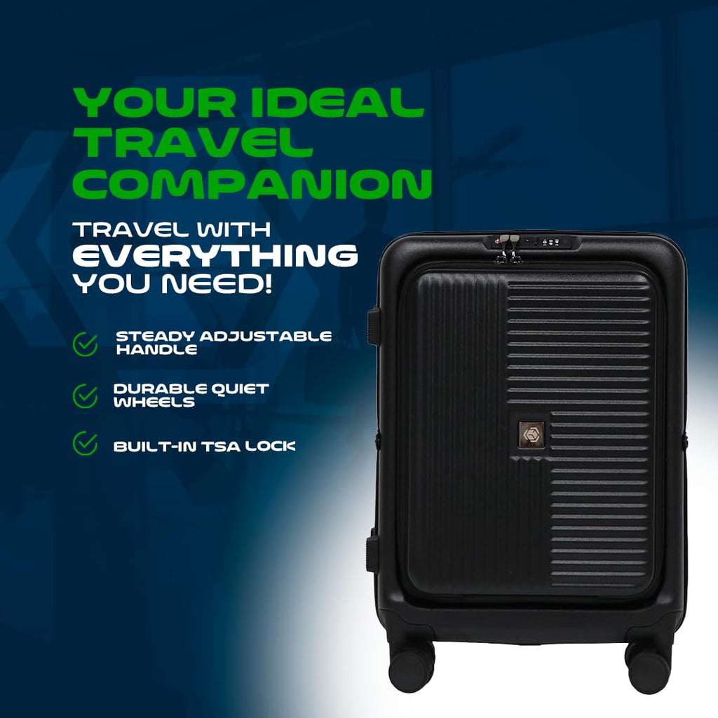 Global DRT 20” Carry - On Luggage – Lightweight, Collapsible, Expandable Suitcase with Spinner Wheels, Airline Approved, Water & Impact Resistant, Travel Bag with TSA Lock –BLACK
