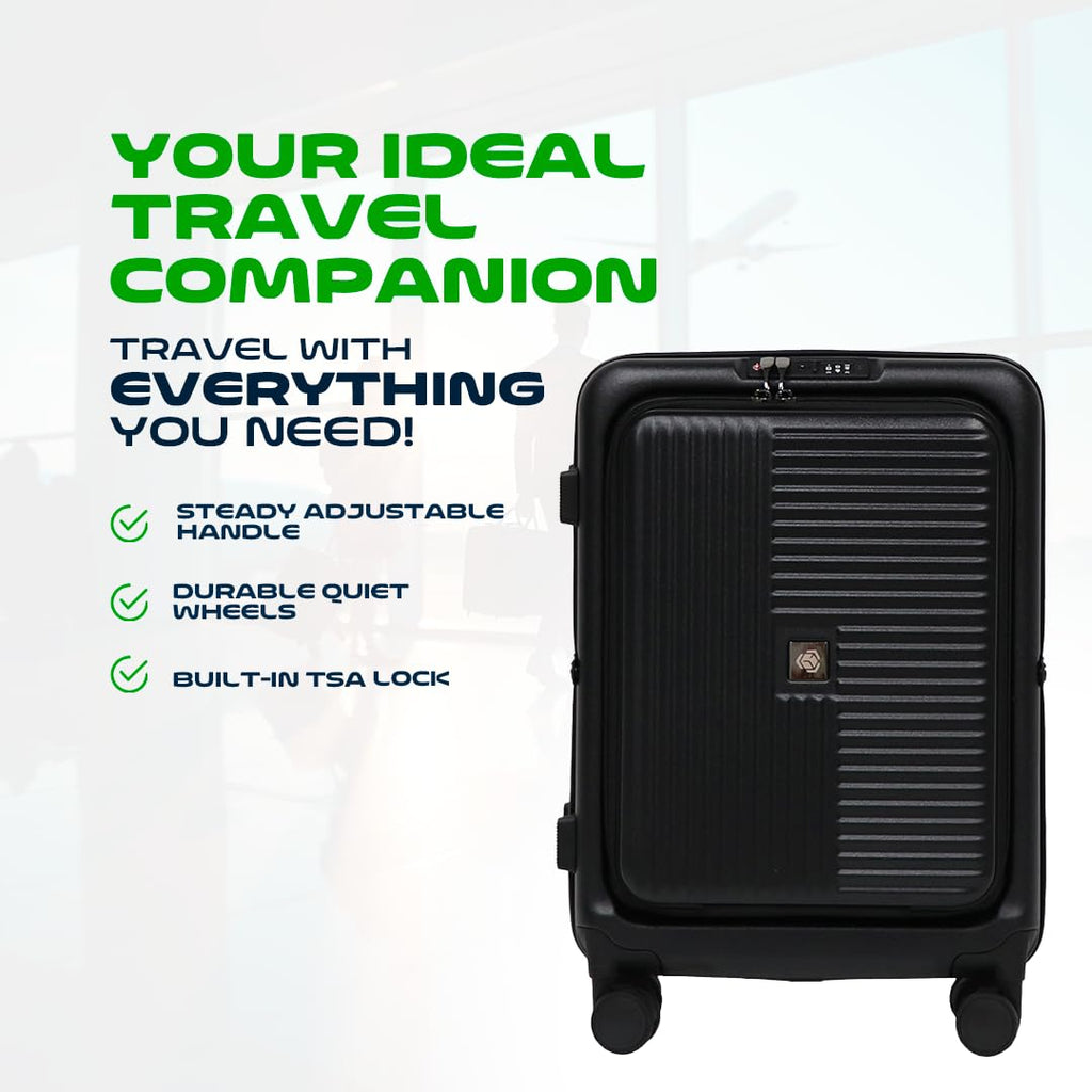 Global DRT 20” Collapsible Carry - On Luggage – Lightweight & Expandable Hard Shell Suitcase with Spinner Wheels, TSA Lock, Airline Approved, Water & Impact Resistant Travel Bag (BLACK)