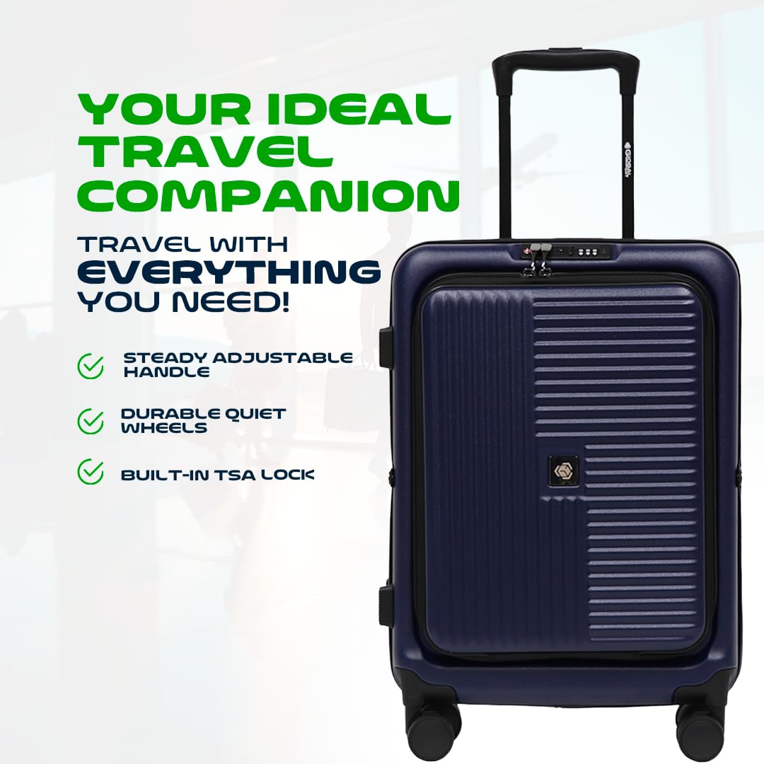 Global DRT 20” Collapsible Carry - On Luggage – Lightweight & Expandable Hard Shell Suitcase with Spinner Wheels, TSA Lock, Airline Approved, Water & Impact Resistant Travel Bag (NAVY BLUE)