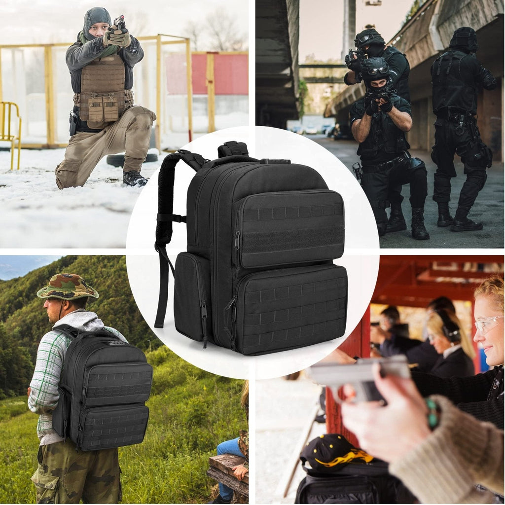 GOBUROS Tactical Pistol Backpack for 4 Handguns and 12 Mags, Gun Range Backpack with TSA Lock and Padded Shoulder Straps, Black
