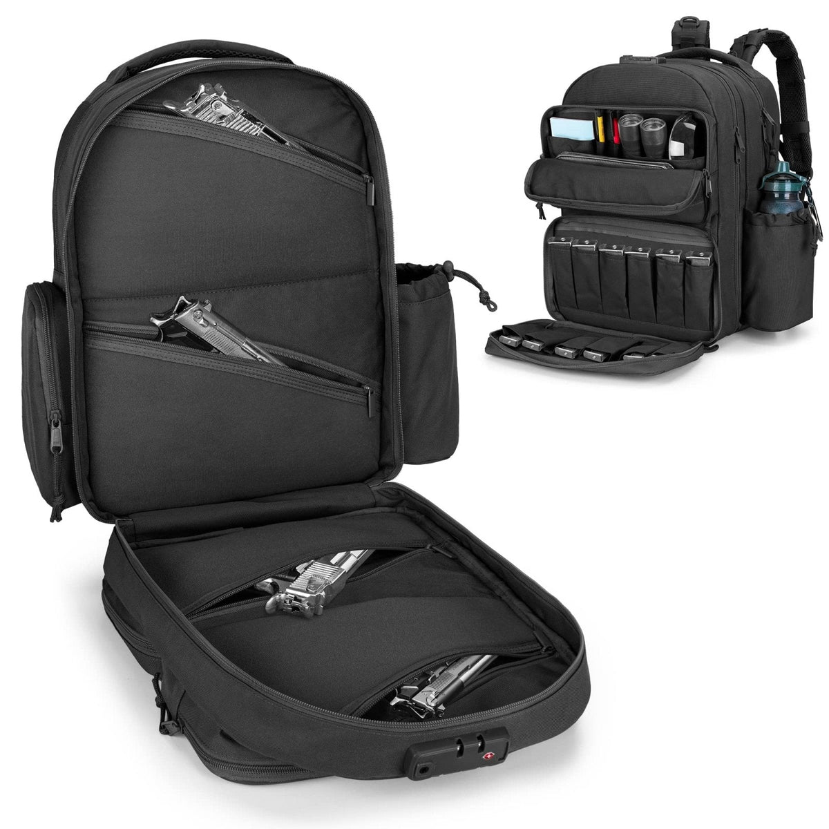 GOBUROS Tactical Pistol Backpack for 4 Handguns and 12 Mags, Gun Range Backpack with TSA Lock and Padded Shoulder Straps, Black