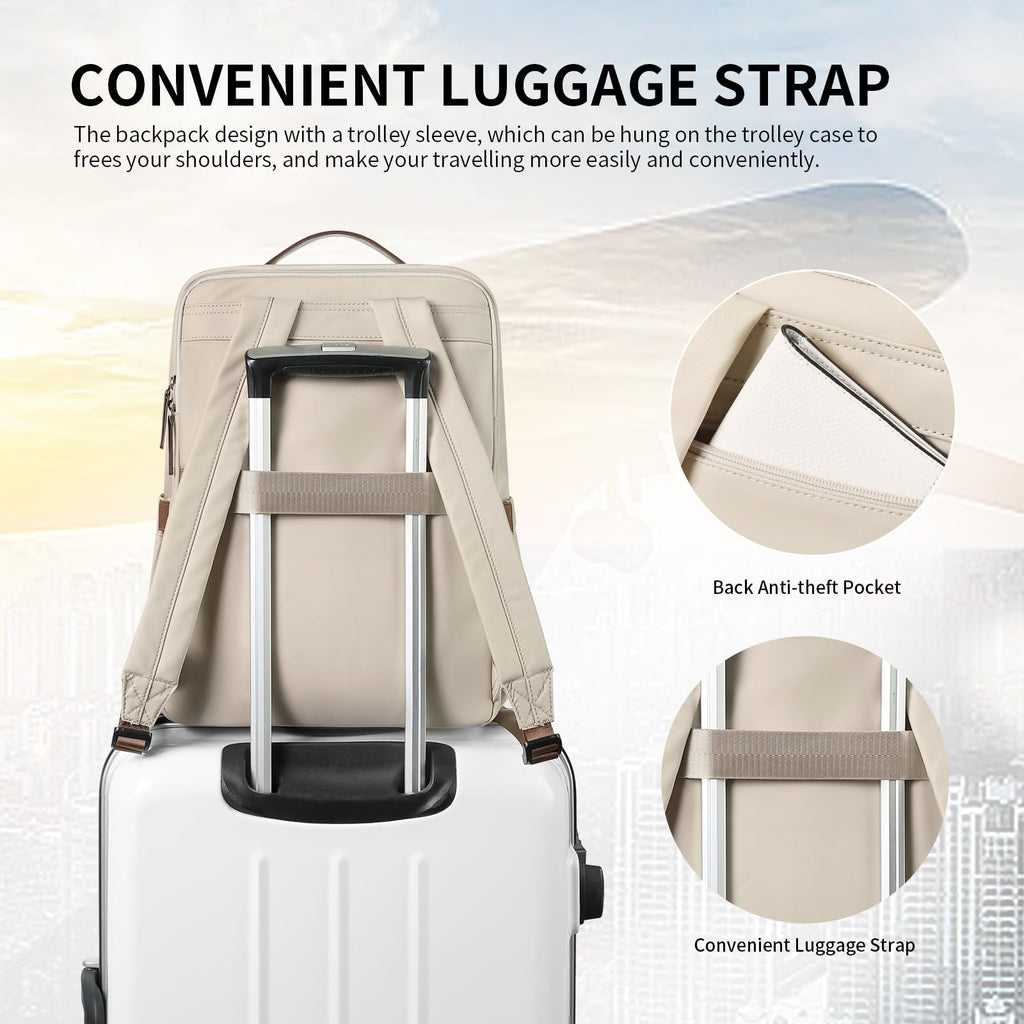 GOLF SUPAGS Stylish Laptop Backpack for Women Airline Approved Perfect for Work College and Travel Multi - Functional Casual Daypack Fits 15.6 Inch Notebook (Apricot)