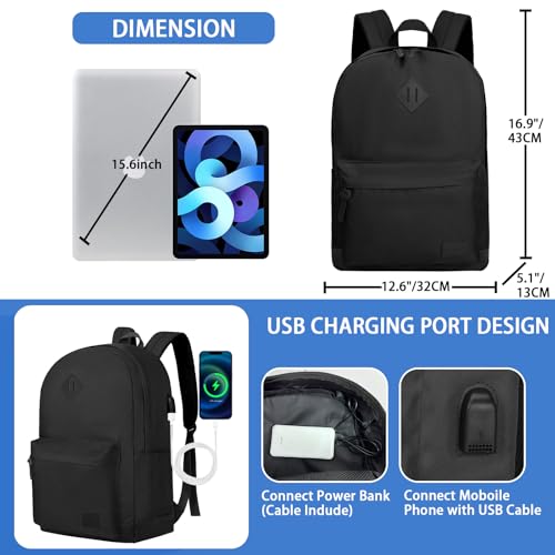 Goloni Backpack for Men Women,Travel Laptop Backpack, Water Resistant 17.3 Inch USB Charging Backpack, Large Capacity Work Commute Bag,All Black
