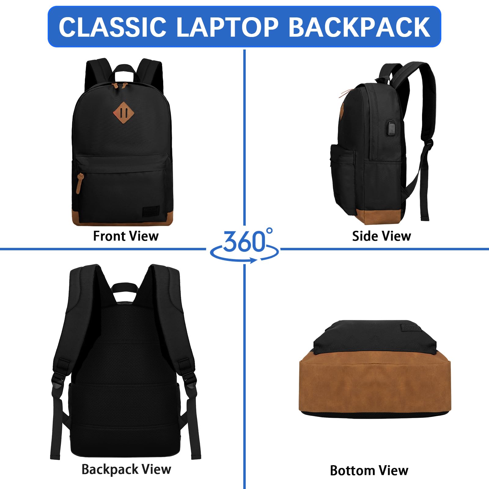 Goloni Classic Backpack with USB Charging Port,Water Resistant Anti - Theft Travel Backpack for Men & Women,Laptop Backpack,Fits 17.3 Inch Laptop,Black