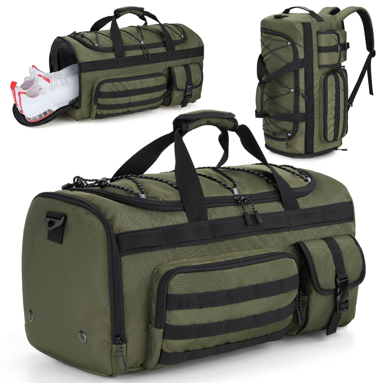 Gonex 45L Duffel Bag for Men, 3 in 1 Convertible Carry Gym Duffle with Shoe Compartment, Tactical Gear Loops, Water-Repellent Lining, Workout & Travel Bag (Army Green)