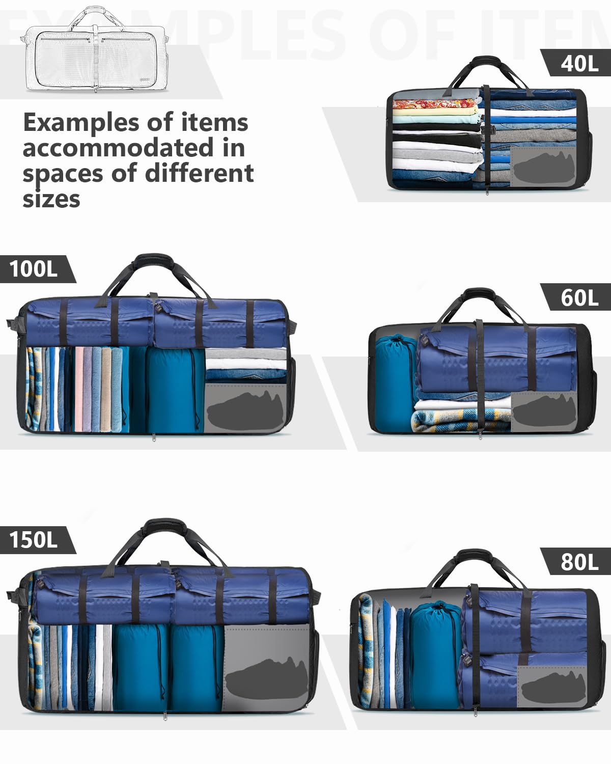Gonex 80L Packable Travel Duffle Bag Foldable Duffel Bags for Luggage Gym Sports Camping Travelling Cycling Storage Shopping Water & Tear Resistant Black
