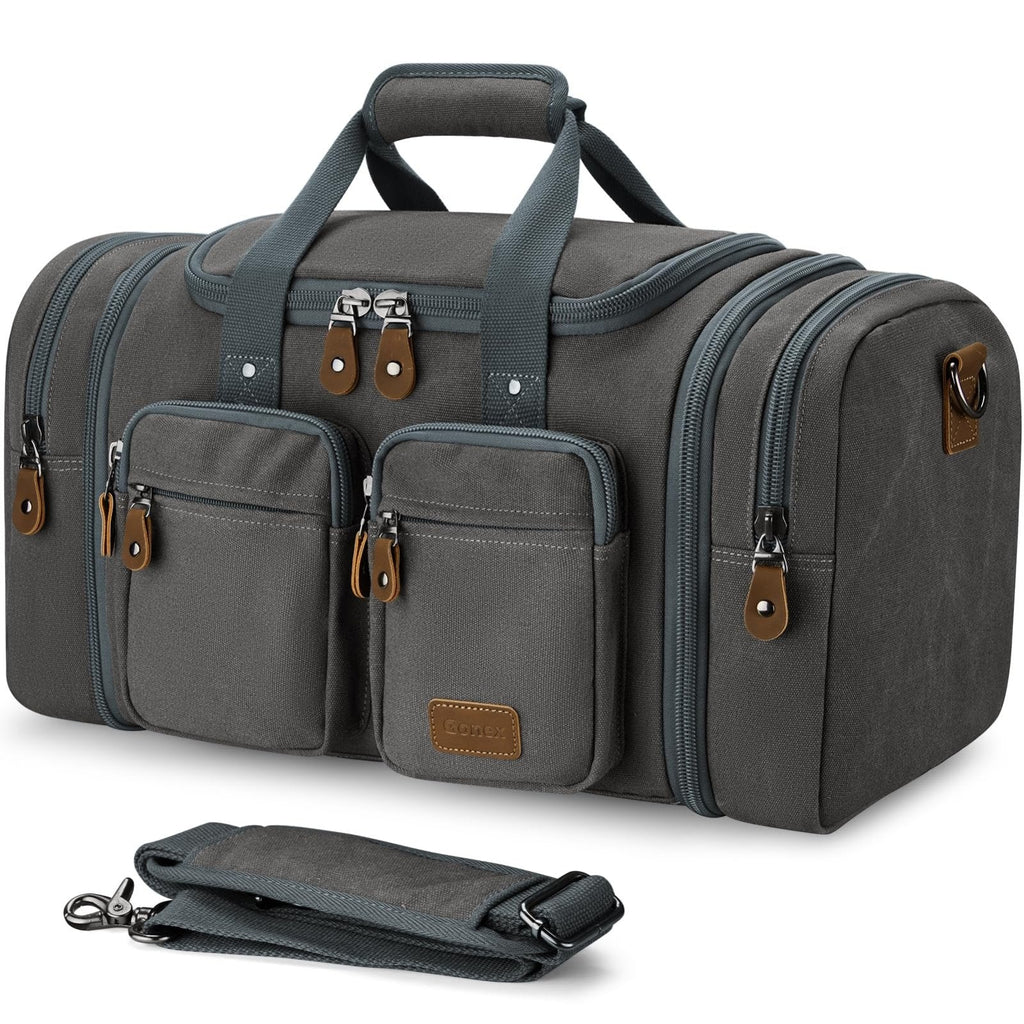 Gonex Canvas Duffle Bag for Travel, Expandable Water Resistant 60L Carry on Duffel Overnight Weekender Gym Bag with Wet Dry Separation Pocket & Suitcase Handle Sleeve, Grey
