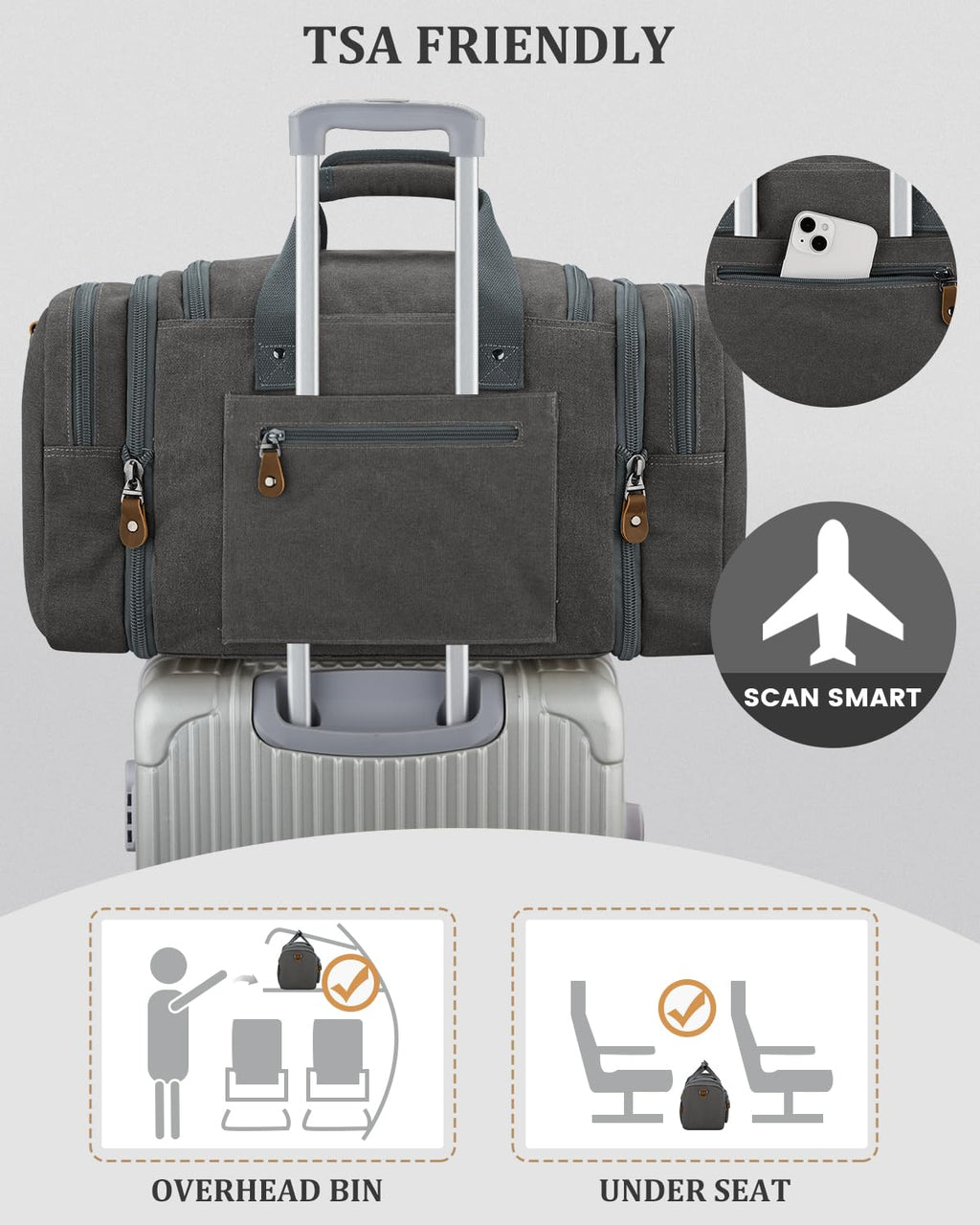 Gonex Canvas Duffle Bag for Travel, Expandable Water Resistant 60L Carry on Duffel Overnight Weekender Gym Bag with Wet Dry Separation Pocket & Suitcase Handle Sleeve, Grey