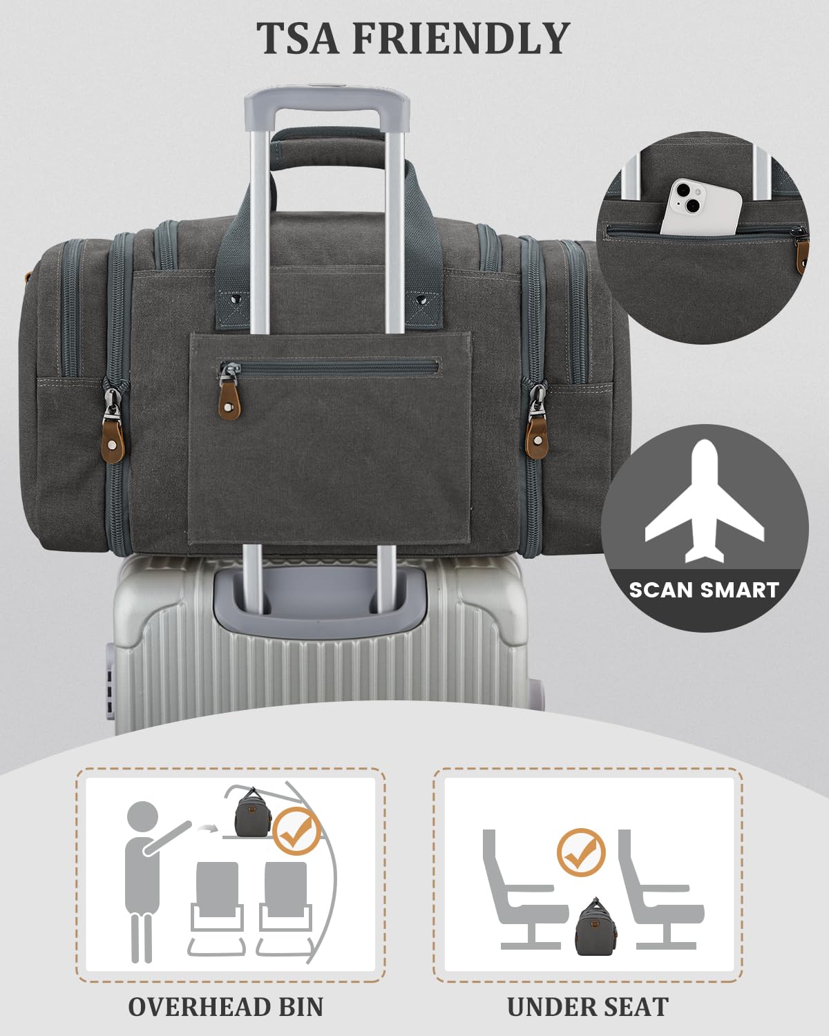 Gonex Canvas Duffle Bag for Travel, Expandable Water Resistant 60L Carry on Duffel Overnight Weekender Gym Bag with Wet Dry Separation Pocket & Suitcase Handle Sleeve, Grey