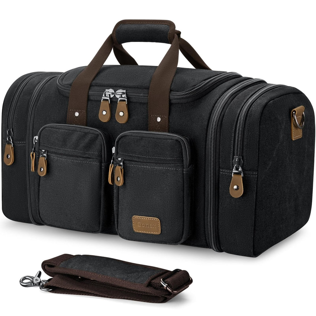 Gonex Canvas Duffle Bag for Travel, Expandable Water Resistant 60L Carry on Duffel Overnight Weekender Gym Bag with Wet Dry Separation Pocket & Suitcase Handle Sleeve, Dark Grey