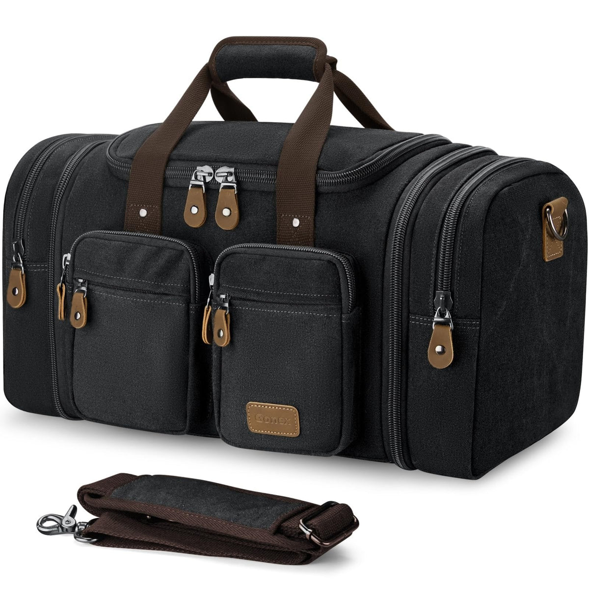 Gonex Canvas Duffle Bag for Travel, Expandable Water Resistant 60L Carry on Duffel Overnight Weekender Gym Bag with Wet Dry Separation Pocket & Suitcase Handle Sleeve, Dark Grey