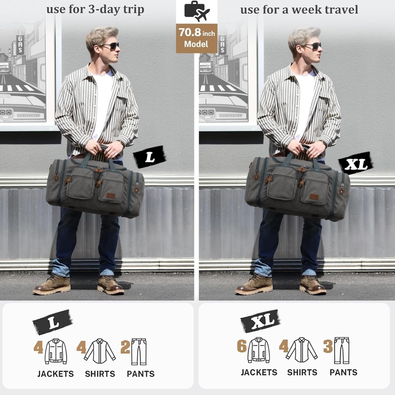 Gonex Canvas Duffle Bag for Travel, Expandable Water Resistant 60L Carry on Duffel Overnight Weekender Gym Bag with Wet Dry Separation Pocket & Suitcase Handle Sleeve, Grey
