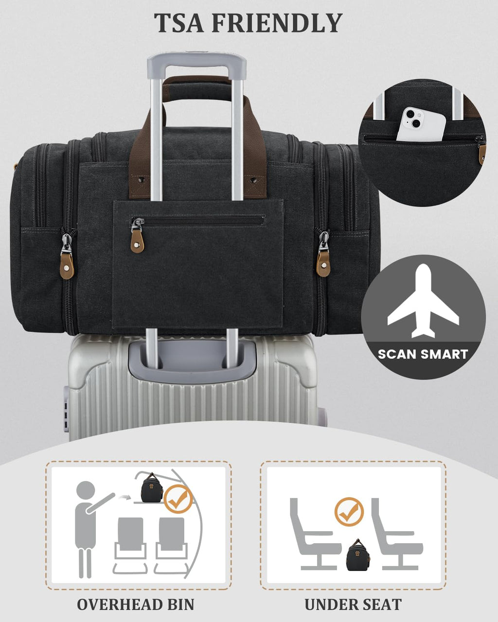 Gonex Canvas Duffle Bag for Travel, Expandable Water Resistant 60L Carry on Duffel Overnight Weekender Gym Bag with Wet Dry Separation Pocket & Suitcase Handle Sleeve, Dark Grey