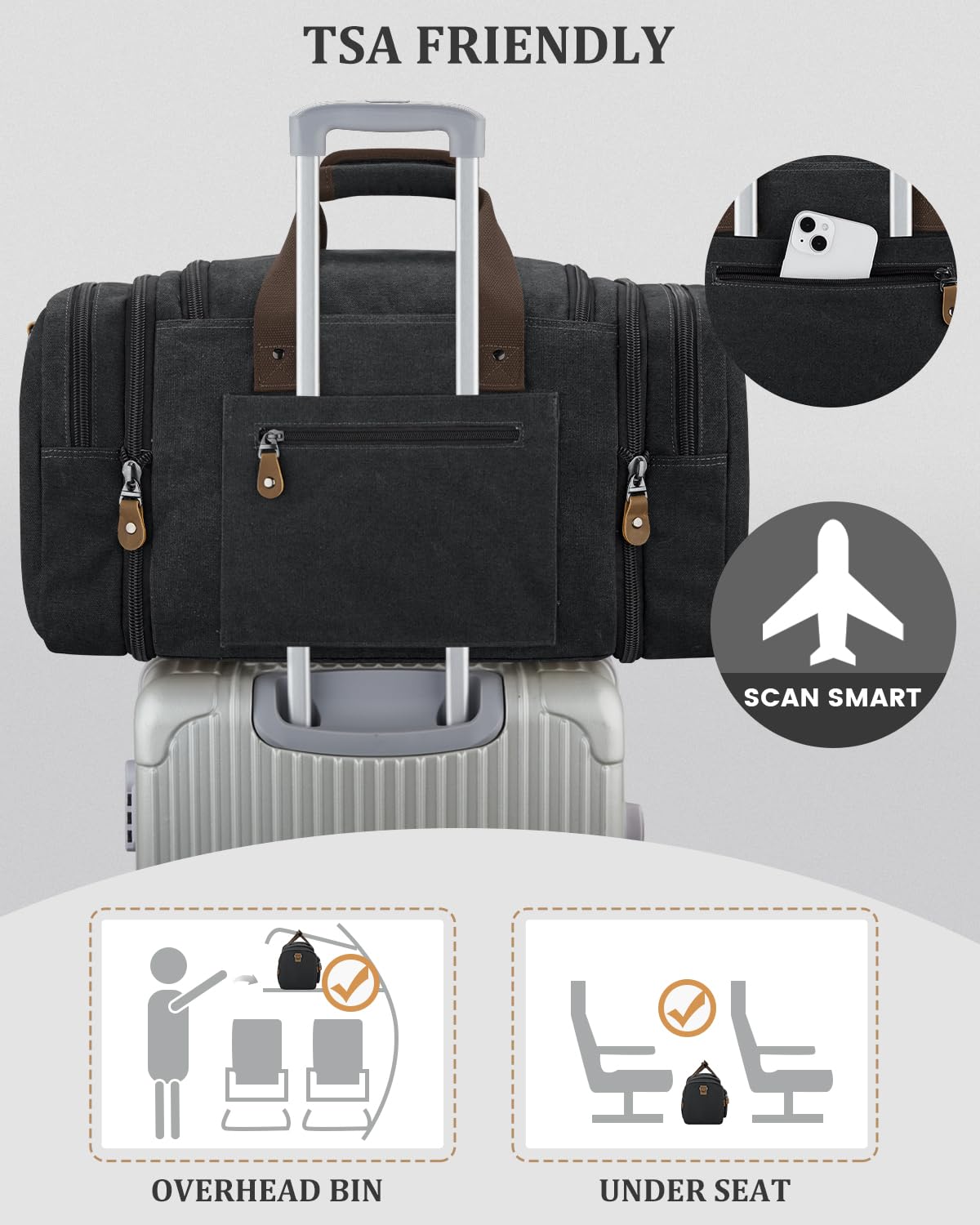 Gonex Canvas Duffle Bag for Travel, Expandable Water Resistant 60L Carry on Duffel Overnight Weekender Gym Bag with Wet Dry Separation Pocket & Suitcase Handle Sleeve, Dark Grey