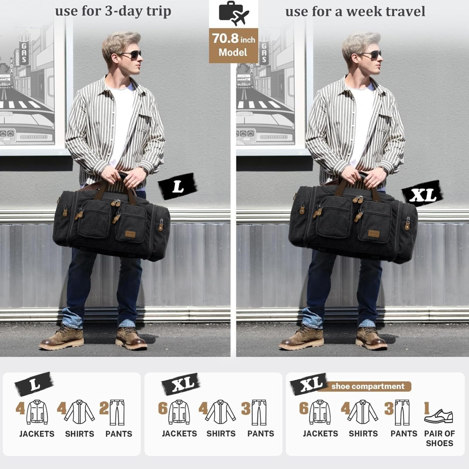 Gonex Canvas Duffle Bag for Travel, Expandable Water Resistant 60L Carry on Duffel Overnight Weekender Gym Bag with Wet Dry Separation Pocket & Suitcase Handle Sleeve, Dark Grey
